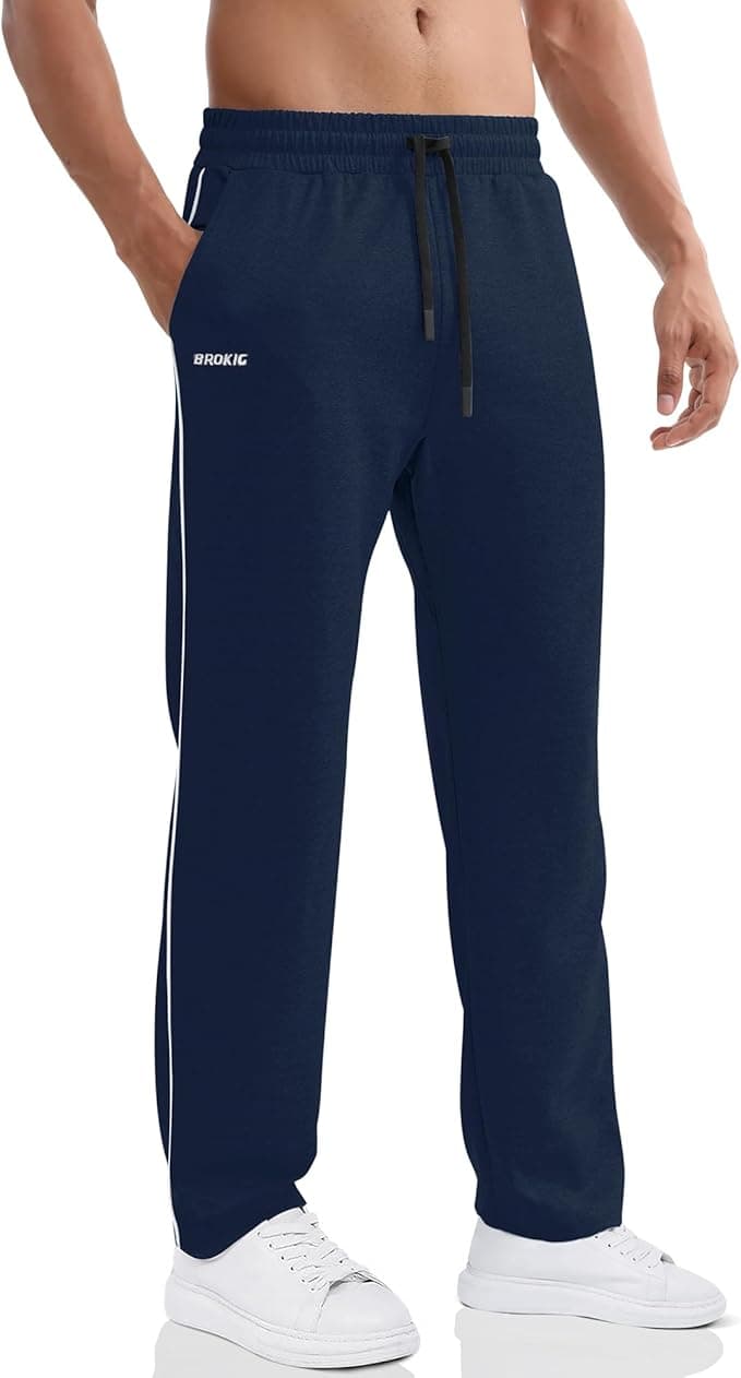 BROKIG Men's Gerade Athletic Pants Workout Jogger Pants Elastic Waistband Open Bottom Loose Sweat Pants with Zip Pockets