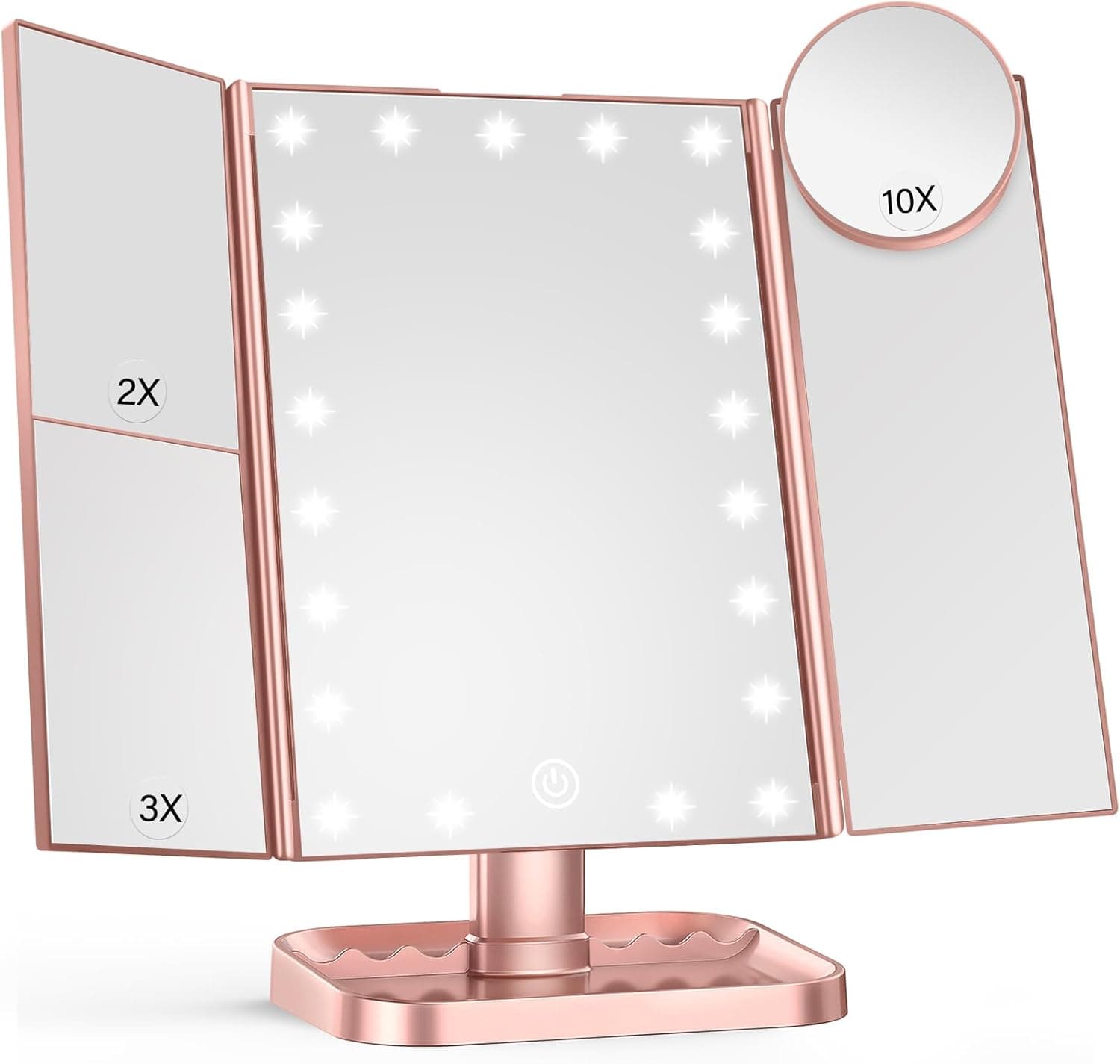 HUONUL Makeup Mirror, 10X 3X 2X Magnification, Lighted Makeup Mirror, Touch Control, Dual Power Supply, Portable LED Mirror, Women Gift (Rose Gold)