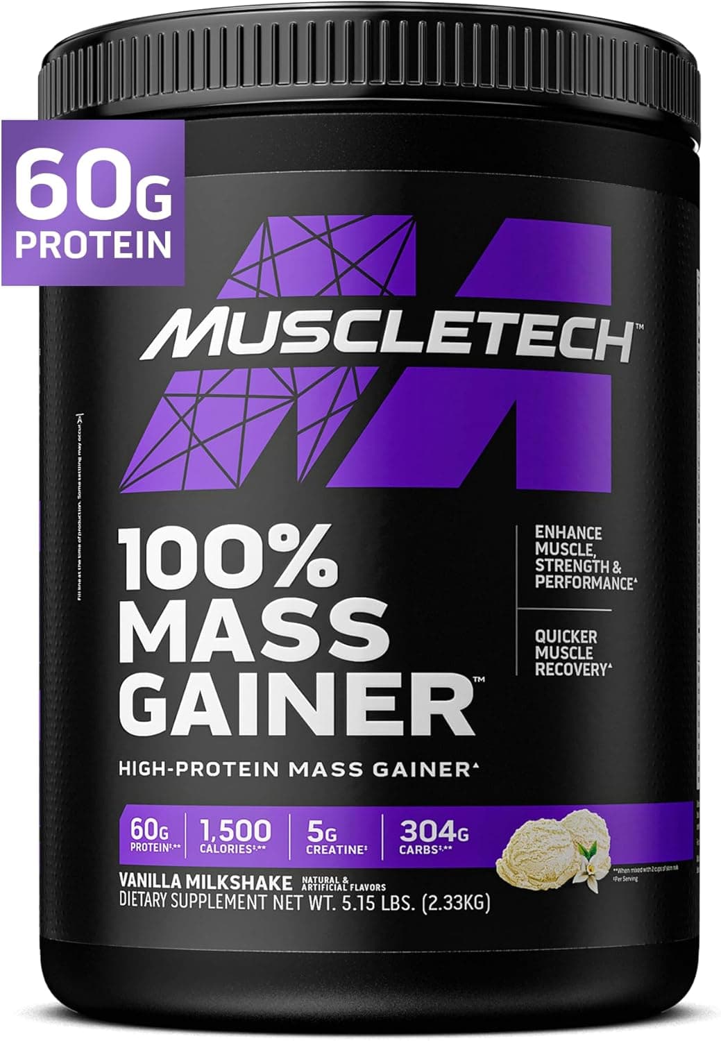Mass Gainer MuscleTech 100% Mass Gainer Protein Powder Protein Powder for Muscle Gain Whey Protein + Muscle Builder Creatine Supplements Vanilla, 5.15 Pound (Pack of 1)