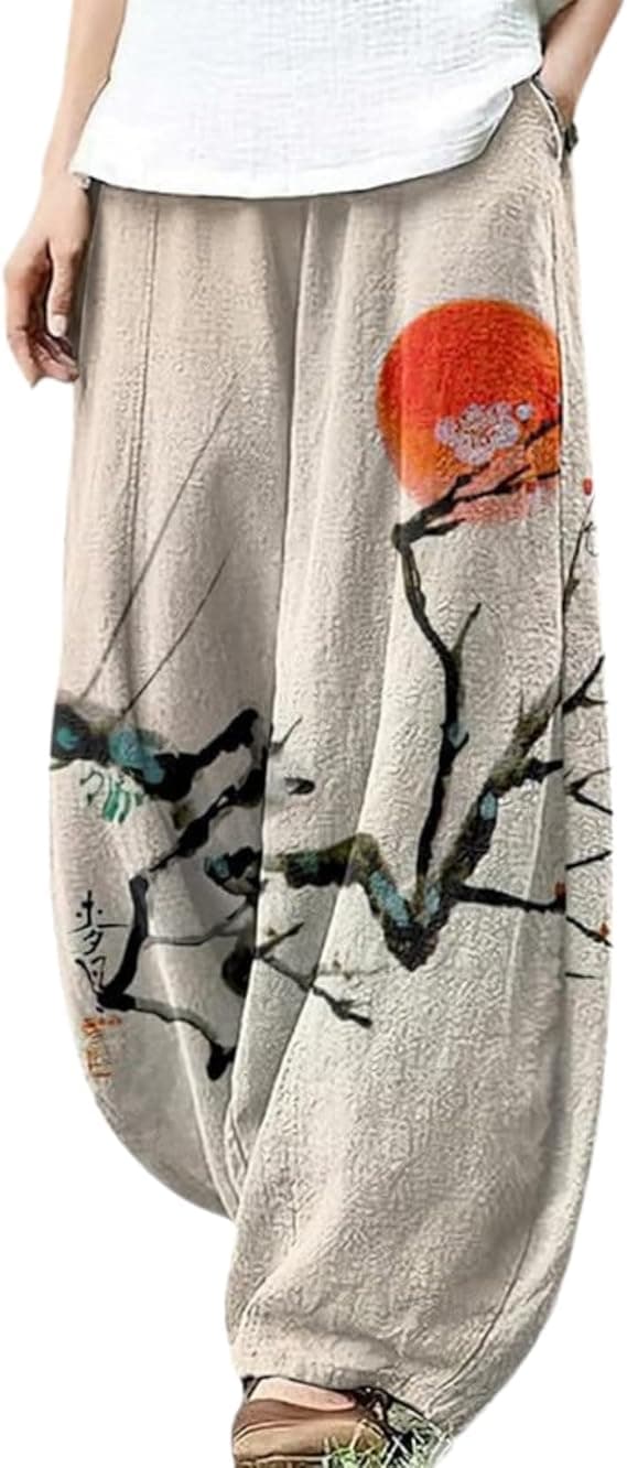 Ocean Print Cargo Pants for Women Cotton Linen Japanese Baggy Trouser Casual Boho Oil Painting Pants Wide Leg