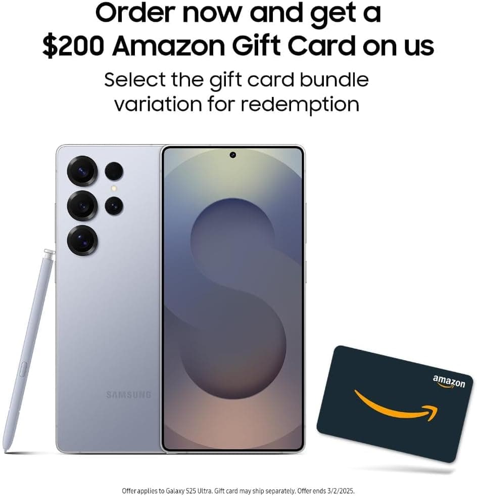 SAMSUNG Galaxy S25 Ultra Cell Phone + $200 Amazon Gift Card, 512GB, AI Smartphone, Unlocked Android, 200MP AI Camera, S Pen, Fast Processor, Long Battery Life, 2025, Titanium Silverblue Visit the SAMSUNG Store